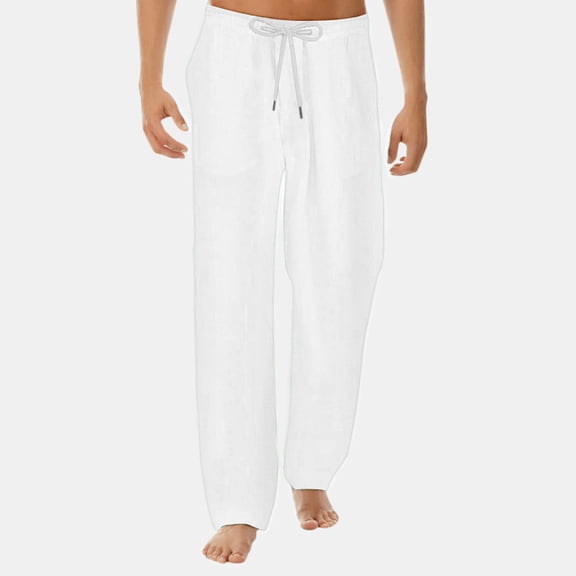 AWZXDE Men's Minimalist Casual Pants with Drawstring Elastic Waist Straight Leg Comfortable Relax Wear Solid Color Trousers White,XL