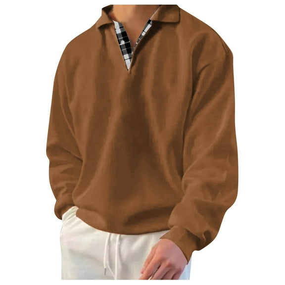 AWZXDE Men's Plaid Print Button Down Collar Sweatshirt, Fold Over Neck Pullover for Fall and Winter Coffee,M