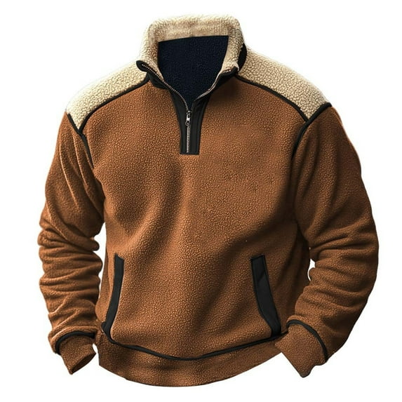 AWZXDE Men's Retro Color Block Stand Collar Pullover Quarter Zip Neck Thermal Brushed Lined for Outdoor Activities Orange,S