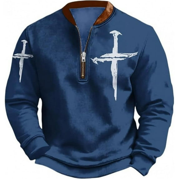 AWZXDE Men's Solid Color Crew Neck Print Long Sleeve Athletic Casual Sweatshirt No Hood Blue,S