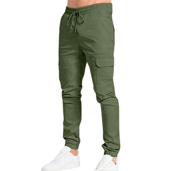 AWZXDE Men's Solid Color Jogger Work Pants with Drawstring Ankle and Multiple Pockets Utility Casual Trousers Army Green,M