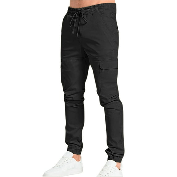 AWZXDE Men's Solid Color Jogger Work Pants with Drawstring Ankle and Multiple Pockets Utility Casual Trousers Black,L