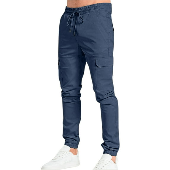 AWZXDE Men's Solid Color Jogger Work Pants with Drawstring Ankle and Multiple Pockets Utility Casual Trousers Navy,XL
