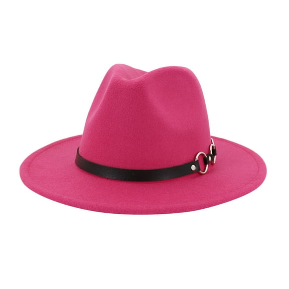 AWZXDE Men's Solid Color Leather Strap Fedora Hat, Handsome Jazz Style Fashion Cap Hot Pink,One Size
