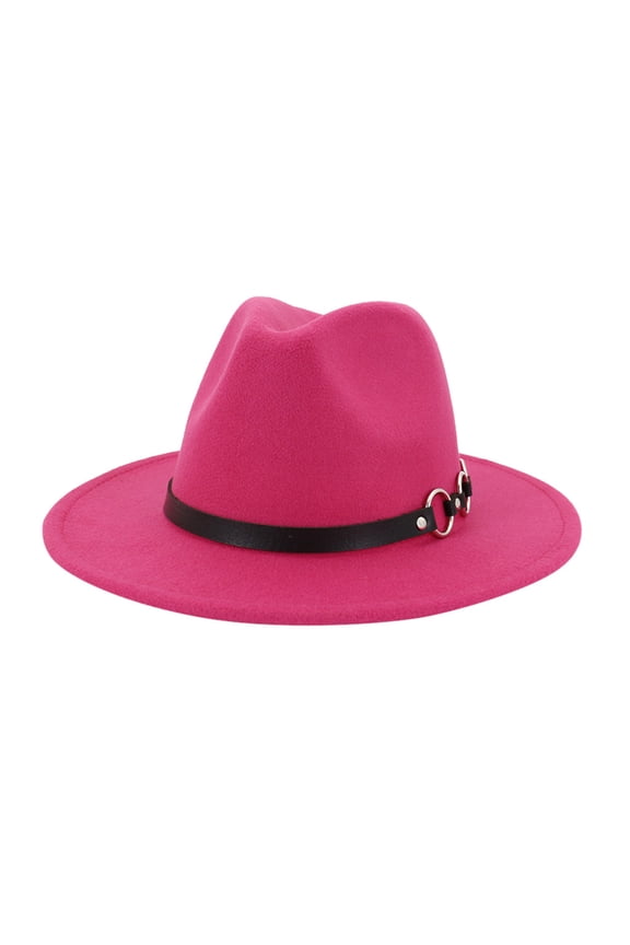 Men's Solid Color Leather Strap Fedora Hat, Handsome Jazz Style Fashion Cap Hot Pink,One Size