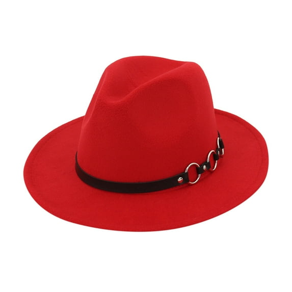 AWZXDE Men's Solid Color Leather Strap Fedora Hat, Handsome Jazz Style Fashion Cap Red,One Size