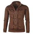 thumbnail image 1 of AWZXDE Men's Solid Color Zip Up Stand Collar Sweatshirt with Button, Style Jacket Coffee,XL, 1 of 5