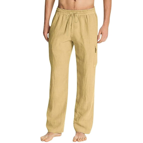 AWZXDE Men's Straight Leg Pants with Side Pockets Drawstring Waist Relaxed Fit Long Casual Trousers Khaki,L