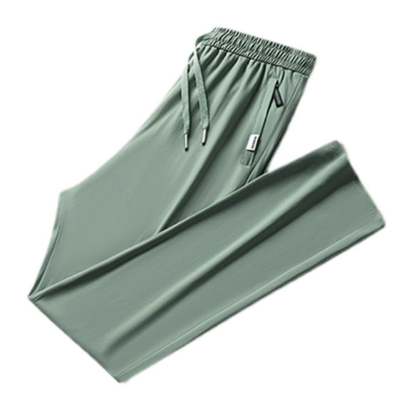 AWZXDE Men's Summer Thin Solid Color Drawstring Pocket Ice Silk Straight Leg Sporty Casual Pants with Elastic Waist Light Green,XL