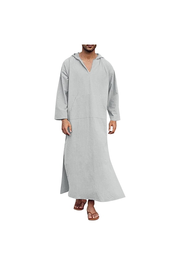 Men‘s V-Neck Hooded Robe with Pocket Solid Color Versatile Long Sleeve Dress Multi-Purpose Outdoor Fashion Simple Robe White,XXL