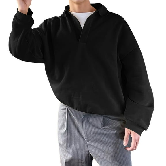 AWZXDE Men's V-Neck Pullover Sweatshirt, Lightweight Long Sleeve Top, Casual Spring Fall Layering Piece Black,S