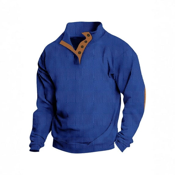 AWZXDE Men's Wavy Pattern Half Button Sweatshirt, Stand Collar Pullover, Unique Design Casual Top Blue,L