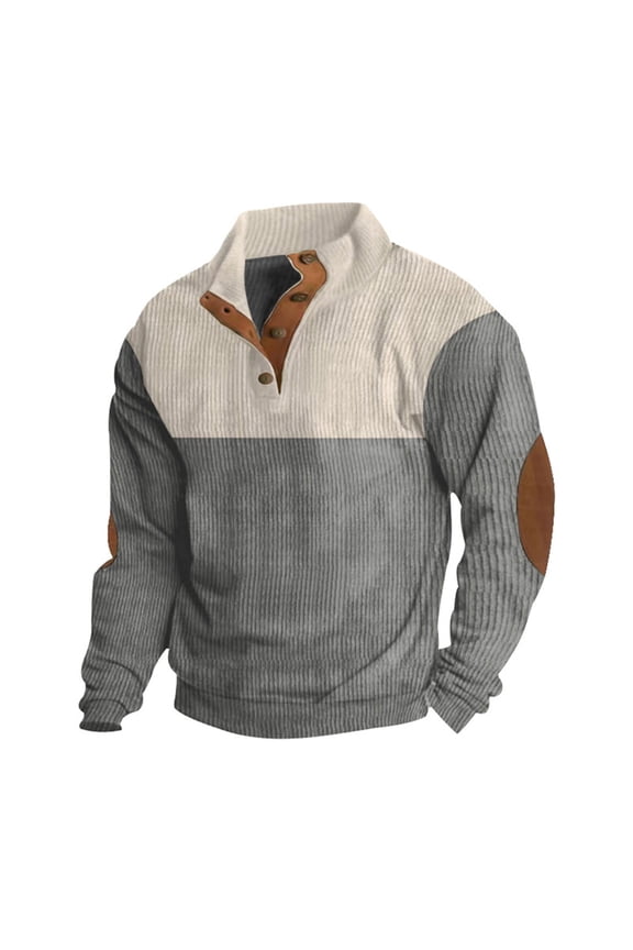 Men's Winter Half Button Two Tone Stand Collar Sweatshirt, Long Sleeve Pullover Grey,XL