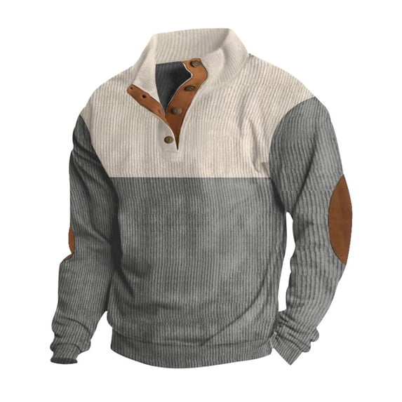 AWZXDE Men's Winter Half Button Two Tone Stand Collar Sweatshirt, Long Sleeve Pullover Grey,XXL
