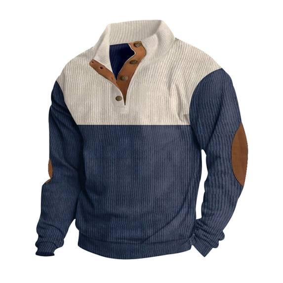 AWZXDE Men's Winter Half Button Two Tone Stand Collar Sweatshirt, Long Sleeve Pullover Navy,L