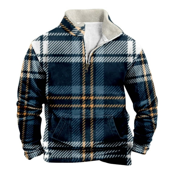 AWZXDE Men's Winter Thick Plaid Half Zip Stand Collar Sweatshirt with Pockets, Outdoor Sporty Pullover Dark Blue,S