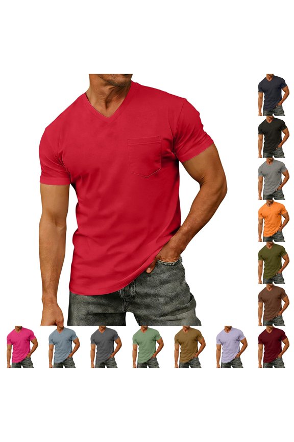 Men's Workout Running Shirts Solid V-Neck Chest Pocket Short Sleeve Athletic Top