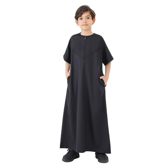 AWZXDE Thobe Arabic Robe Long Sleeve Embroidered Kaftan Set National For Teenage Boys Elegant Traditional Childrens Wear Black,9-10 Years