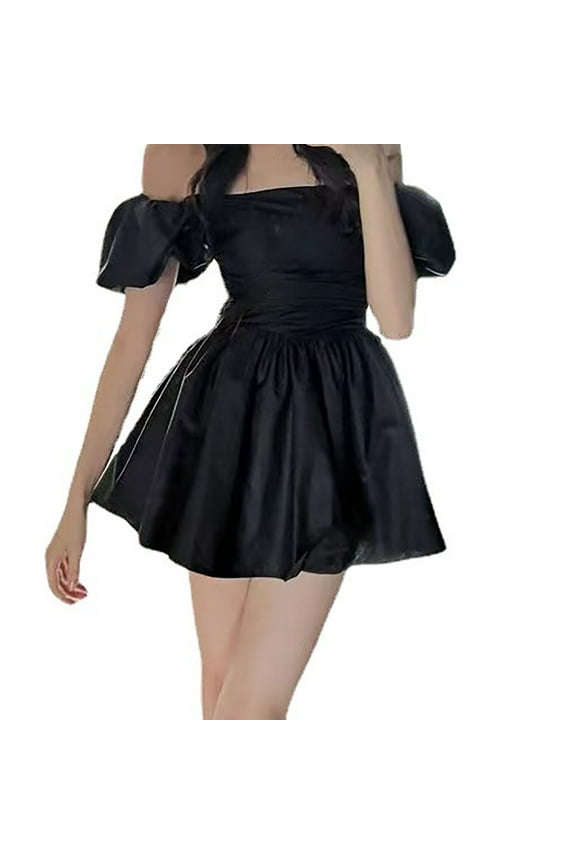 Off Shoulder Princess Dress with Bubble Sleeve Waist Tie Ruffle Design One Piece Cute Campus Style for Women Black,M