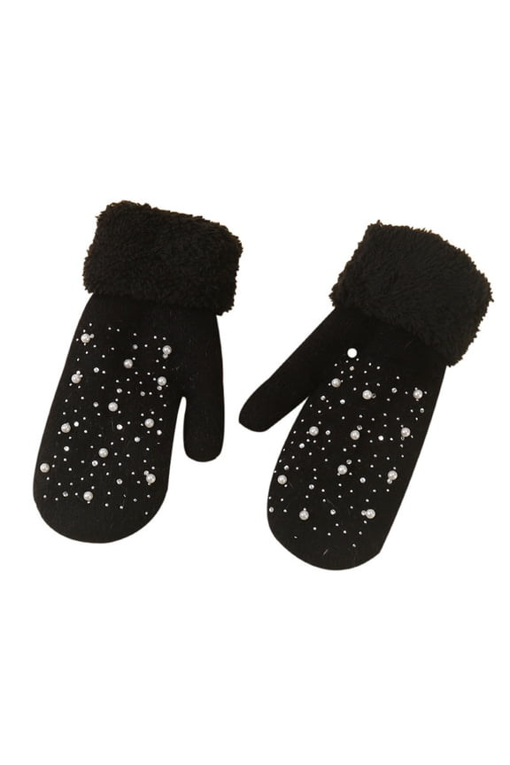Pearl Winter Thermal Knitted Mittens for Cold Weather Windproof Touchscreen Fashionable Outdoor Riding Accessories Black,One Size