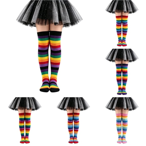 AWZXDE Rainbow Striped Kids Thigh High Socks Soft Stretchy Over‑the‑Knee Socks for Girls for Halloween Cosplay Party Dress‑up Activities Black - 6-12 Years