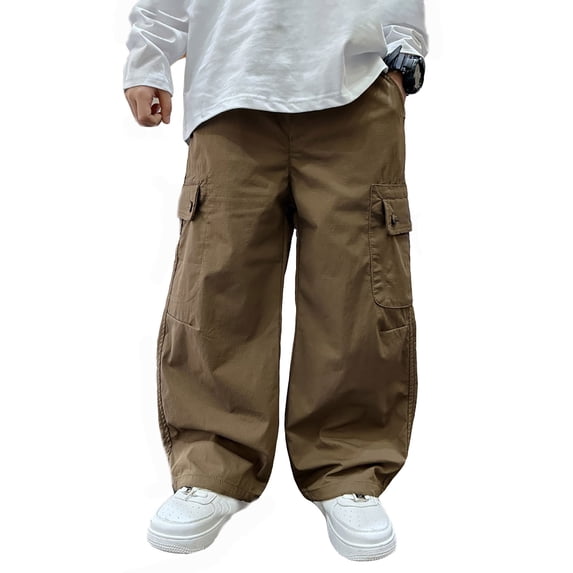 AWZXDE Relaxed Fit Boys Pants Cargo Pockets Wide Leg Casual Trousers Lightweight Outdoor Daily Bottoms Coffee - 11-12 Years