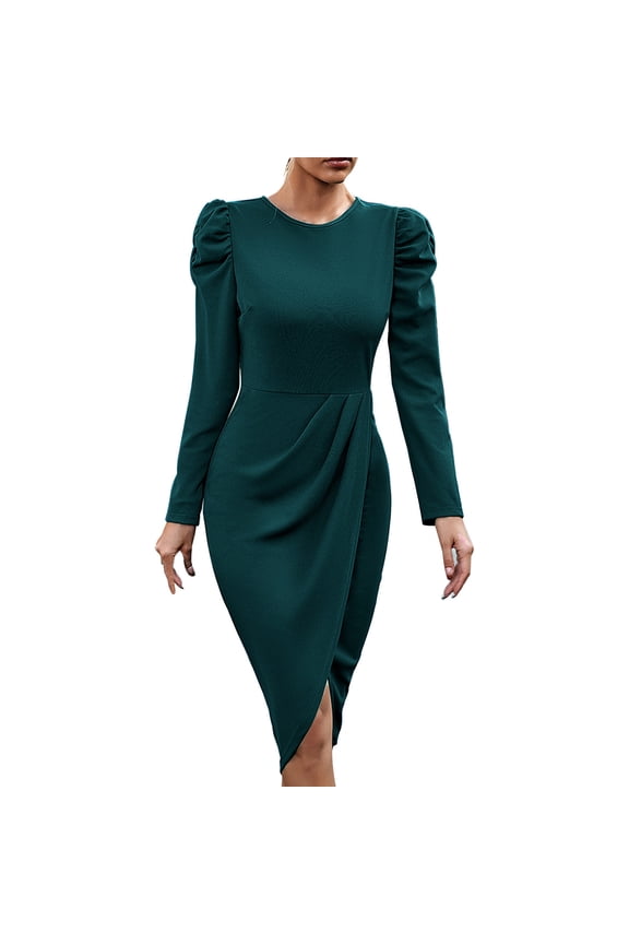 Round Neck Long Sleeve Formal Dress with Ruffle Sleeve Elegant Closed Hem for Women Trendy Versatile Gown Green,S