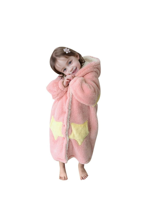 Soft Double Faced Hooded Bathrobe For Boys And Girls Winter Warm Kids Pajamas Robe Homewear Pink,5-6 Years