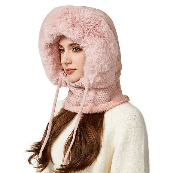 AWZXDE Soft Hat With Scarf And Ear Winter Knitted Thermal Neck Warmer Full Shield Windproof Winter Hats For Women Pink