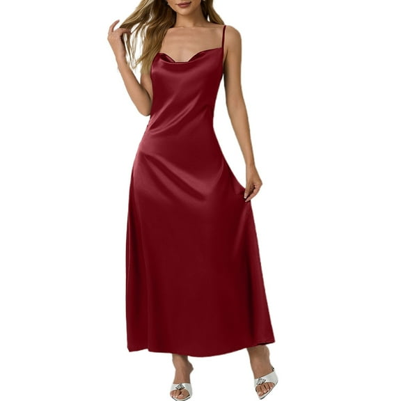 AWZXDE Solid Color Thin Strap Sleeveless Long Dress for Women Party Formal Occasion Elegant Trendy Gown Brick Red,M