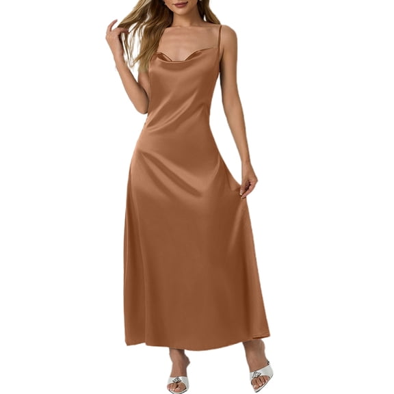 AWZXDE Solid Color Thin Strap Sleeveless Long Dress for Women Party Formal Occasion Elegant Trendy Gown Khaki,S