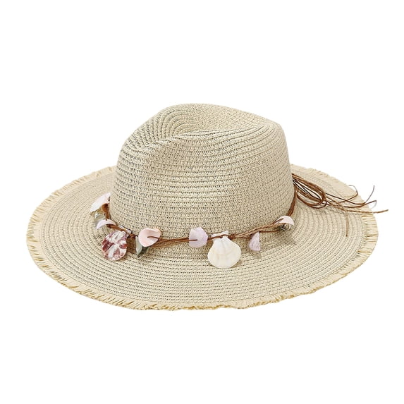 AWZXDE Straw Hat For Women and Men With a Wide Brim and Seashell Decor Packable Beach Sun Hat Casual Fashion Vacation Accessory For Summer and Outdoor Activities Beige,One Size