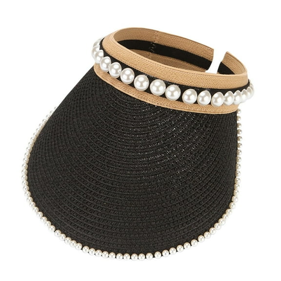 AWZXDE Straw Visor Hat For Women Foldable Wide Sun Hat Roll Up Beach Ponytail Design For Outdoor And Sun Block Black