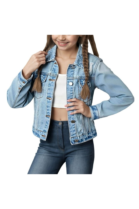 Stylish Distressed Denim Jacket For Girls With Notched Collar Girls Jackets For Teen And Preteen Casual Light Blue,5-6 Years
