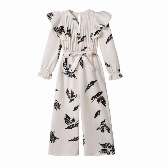 AWZXDE Stylish Girls Long Sleeve Romper Jumpsuit With Floral Print Waist Tie Autumn Fashion Girls Fashion Beige，11-12 Years