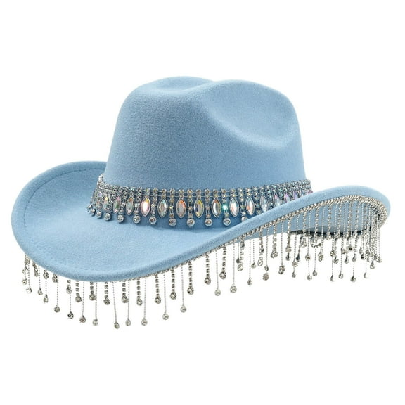 AWZXDE Stylish Western Cowboy Hat For Women Men With Large Round Gemstone Rhinestone Fringe Decorations Ideal Party Event Accessory BU2