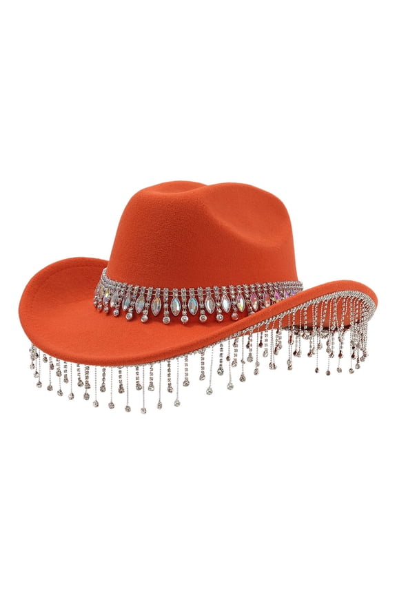 Stylish Western Cowboy Hat For Women Men With Large Round Gemstone Rhinestone Fringe Decorations Ideal Party Event Accessory Orange