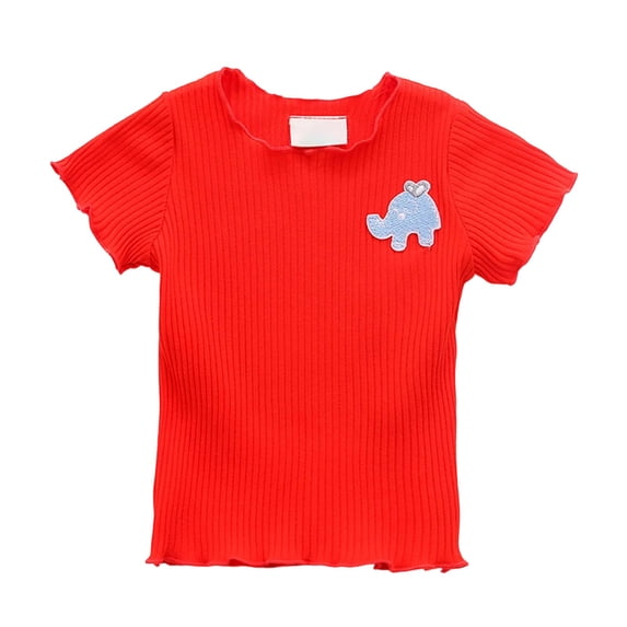 AWZXDE Summer Girls Top With Ruffle Neckline Soft Casual Tee For Toddler Baby Comfortable Round Neck Shirt Red,2-3 Years