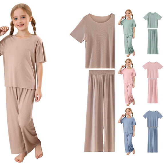 AWZXDE Summer Soft Ribbed Crew Neck Short Sleeve Long Pants Set Casual Comfort Loungewear Toddler Kids Girls Outfit Khaki,8-9 Years