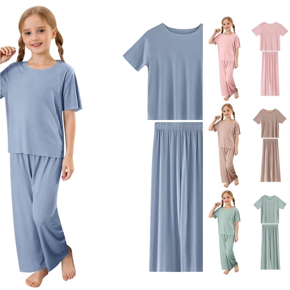 AWZXDE Summer Soft Ribbed Crew Neck Short Sleeve Long Pants Set Casual Comfort Loungewear Toddler Kids Girls Outfit Navy,6-7 Years