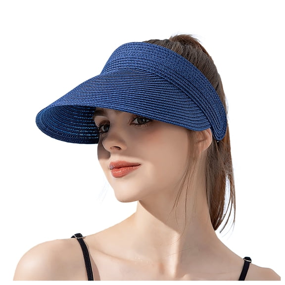 AWZXDE Summer Wide Brim Straw Visor Sun Hat Beach Hat For Outdoor Sun Block With Headband Design Navy