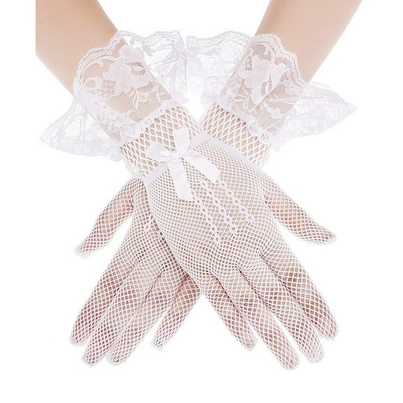 AWZXDE Sunscreen Black Lace Gloves for Dance Parties and Fishing Events with Elegant Bow Design White,One Size