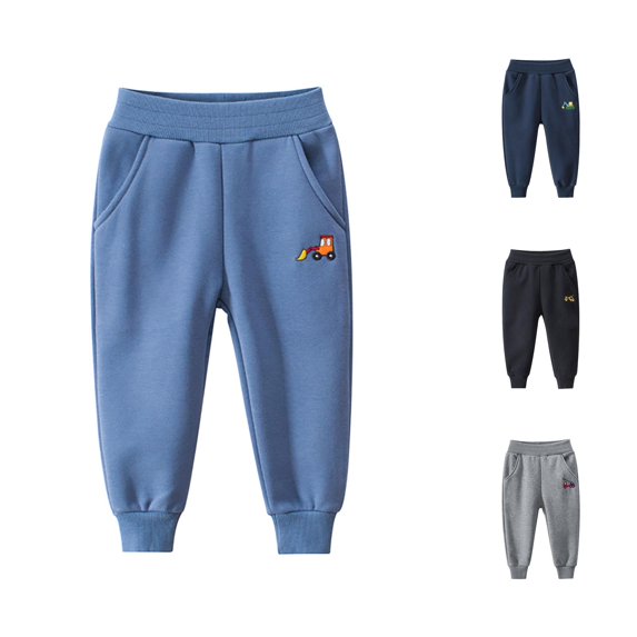 AWZXDE Sweatpants For Boys Cartoon Vehicle Embroidered Jogger Pants Elastic Waist Casual Trousers With Side Pockets For Daily Outdoor Dark Blue - 4-6 Years