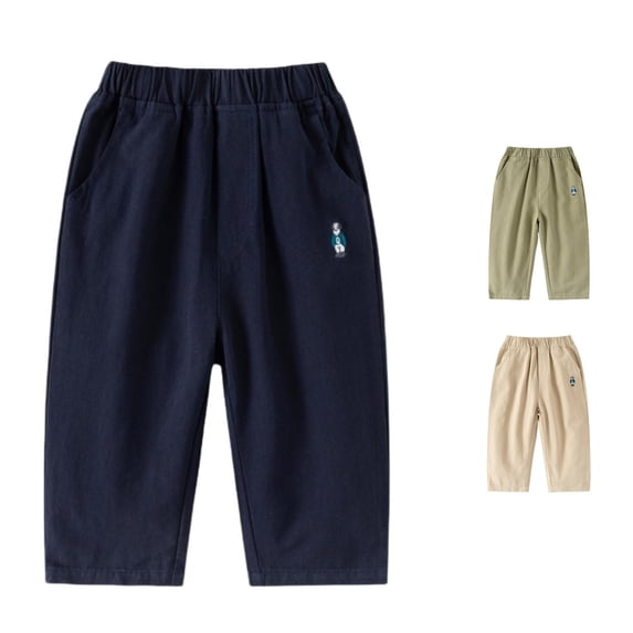 AWZXDE Toddler Bear Embroidery Loose Straight Leg Casual Pants Boys Trousers Elastic Waist Side Pockets Kids Daily Play Bottoms For Spring And Autumn - 12-18 Months