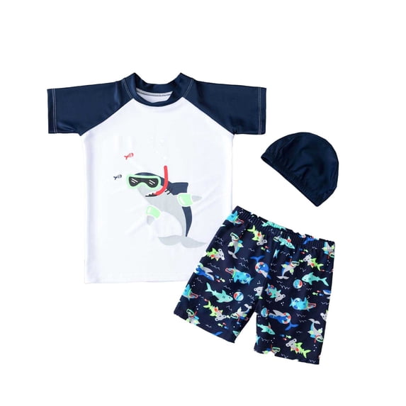 AWZXDE Toddler Boys 3-Piece Swim Set UPF 50+ Sun Protective Rash Guard Shirt with Matching Trunks and Bucket Hat for Beach Pool