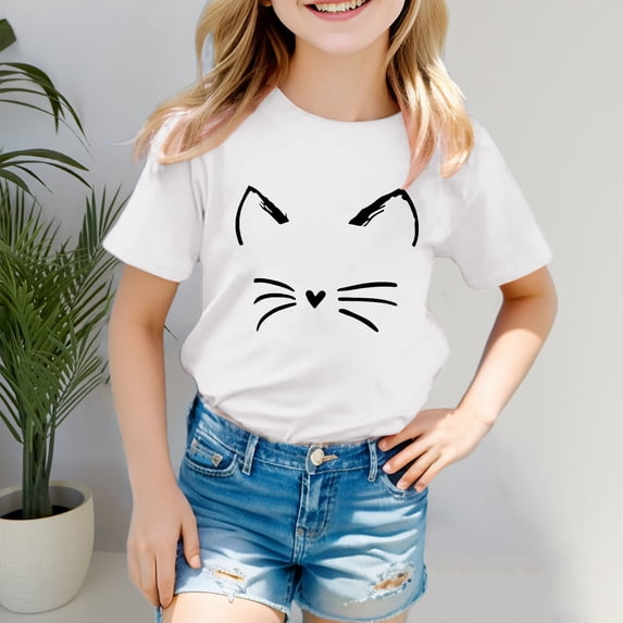 AWZXDE Toddler Boys Girls Cat Cartoon Prints Short Sleeve Cute Animal T Shirt Comfy Tops For Everyday Casual Clothes White,6-7 Years