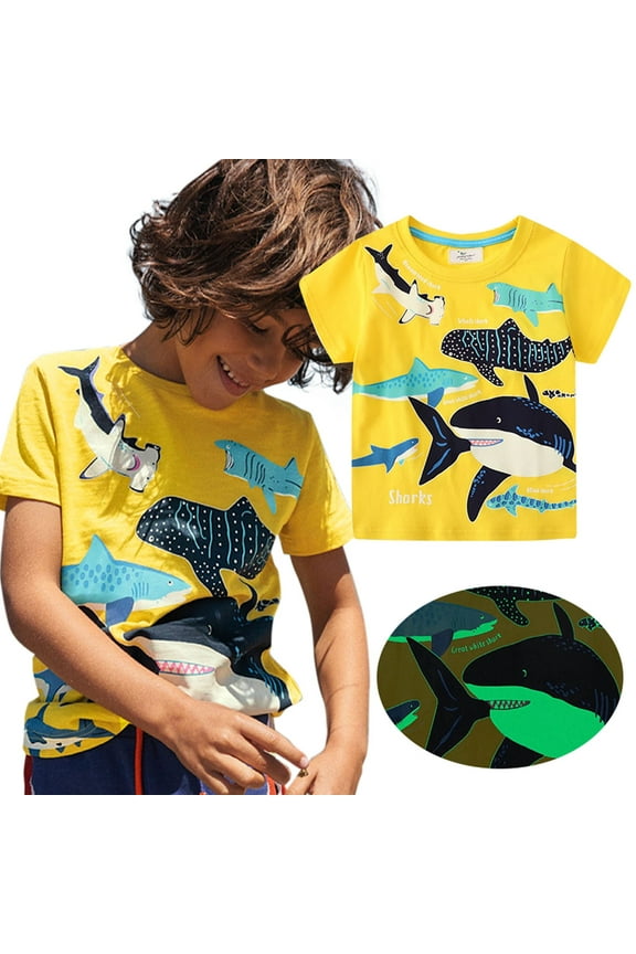 Toddler Boys T Shirt Short Sleeve Sharks Graphic Print Summer Tops Glow In The Dark Tee Comfortable And Cool For Play Yellow,110-120CM