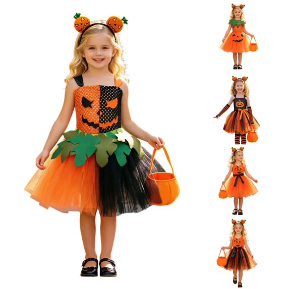 AWZXDE Toddler Girl Clothes Halloween Pumpkin Face Sleeveless Tutu Dress Set With Headband And Candy Bag For Trick Or Cosplay Party 2-Black - 10-12 Years