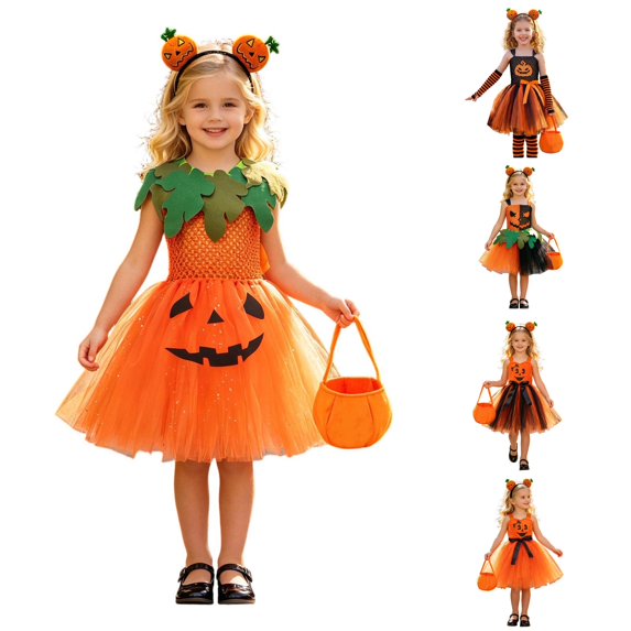 AWZXDE Toddler Girl Clothes Halloween Pumpkin Face Sleeveless Tutu Dress Set With Headband And Candy Bag For Trick Or Cosplay Party 4-Orange - 8-9 Years