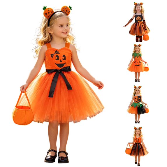 AWZXDE Toddler Girl Clothes Halloween Pumpkin Face Sleeveless Tutu Dress Set With Headband And Candy Bag For Trick Or Cosplay Party 5-Orange - 4-5 Years